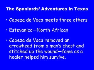 The Spaniards’ Adventures in Texas Cabeza de Vaca meets three others Estevanico—North African Cabeza de Vaca removed an arrowhead from a man’s chest and stitched up the wound—fame as a healer helped him survive.  