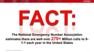 © 2014 Avaya Inc. All rights reserved. 2
The National Emergency Number Association
estimates there are well over 270+ Million calls to 9-
1-1 each year in the United States
 
