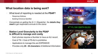 © 2014 Avaya Inc. All rights reserved. 2222
What location data is being sent?
 What level of reporting is needed at the PSAP?
– Response Address
– Building Entrance Identifier
 Concentrate on getting the 9-1-1 Dispatcher the details they
need to get responders enroute to the scene
 Station Level Granularity to the PSAP
is difficult to manage and costly
– Each phones requires a Number to have an ALI record
– Cost of TN + Cost of PS-ALI is prohibitive
– Applications to manage this are EXPENSIVE
– Provides only 20 - 30 characters of Additional Information
4TH FL SW SMITH BLDG
 