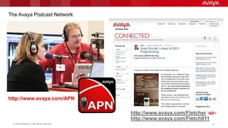 © 2014 Avaya Inc. All rights reserved. 3535
http://www.avaya.com/APN
http://www.avaya.com/Fletcher -or-
http://www.avaya.com/Fletch911
The Avaya Podcast Network
 