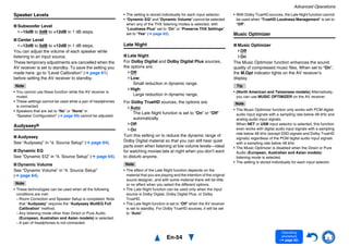 Advanced Operations
En-54
Operating
procedure
(➔ page 52)
Speaker Levels
■ Subwoofer Level
–15dB to 0dB to +12dB in 1 dB steps.
■ Center Level
–12dB to 0dB to +12dB in 1 dB steps.
You can adjust the volume of each speaker while
listening to an input source.
These temporary adjustments are cancelled when the
AV receiver is set to standby. To save the setting you
made here, go to “Level Calibration” (➔ page 61)
before setting the AV receiver to standby.
Note
• You cannot use these function while the AV receiver is
muted.
• These settings cannot be used while a pair of headphones
is connected.
• Speakers that are set to “No” or “None” in
“Speaker Configuration” (➔ page 59) cannot be adjusted.
Audyssey®
■ Audyssey
See “Audyssey” in “4. Source Setup” (➔ page 64).
■ Dynamic EQ
See “Dynamic EQ” in “4. Source Setup” (➔ page 64).
■ Dynamic Volume
See “Dynamic Volume” in “4. Source Setup”
(➔ page 64).
Note
• These technologies can be used when all the following
conditions are met:
– Room Correction and Speaker Setup is completed. Note
that “Audyssey” requires the “Audyssey MultEQ Full
Calibration” method.
– Any listening mode other than Direct or Pure Audio
(European, Australian and Asian models) is selected.
– A pair of headphones is not connected.
• The setting is stored individually for each input selector.
• “Dynamic EQ” and “Dynamic Volume” cannot be selected
when any of the THX listening modes is selected, with
“Loudness Plus” set to “On” or “Preserve THX Settings”
set to “Yes” (➔ page 62).
Late Night
■ Late Night
For Dolby Digital and Dolby Digital Plus sources,
the options are:
Off
Low:
Small reduction in dynamic range.
High:
Large reduction in dynamic range.
For Dolby TrueHD sources, the options are:
Auto:
The Late Night function is set to “On” or “Off”
automatically.
Off
On
Turn this setting on to reduce the dynamic range of
Dolby Digital material so that you can still hear quiet
parts even when listening at low volume levels—ideal
for watching movies late at night when you don’t want
to disturb anyone.
Note
• The effect of the Late Night function depends on the
material that you are playing and the intention of the original
sound designer, and with some material there will be little
or no effect when you select the different options.
• The Late Night function can be used only when the input
source is Dolby Digital, Dolby Digital Plus, or Dolby
TrueHD.
• The Late Night function is set to “Off” when the AV receiver
is set to standby. For Dolby TrueHD sources, it will be set
to “Auto”.
• With Dolby TrueHD sources, the Late Night function cannot
be used when “TrueHD Loudness Management” is set to
“Off”.
Music Optimizer
■ Music Optimizer
Off
On
The Music Optimizer function enhances the sound
quality of compressed music files. When set to “On”,
the M.Opt indicator lights on the AV receiver’s
display.
Tip
• (North American and Taiwanese models) Alternatively,
you can use MUSIC OPTIMIZER on the AV receiver.
Note
• The Music Optimizer function only works with PCM digital
audio input signals with a sampling rate below 48 kHz and
analog audio input signals.
When NET or USB input selector is selected, this function
even works with digital audio input signals with a sampling
rate below 48 kHz (except DSD signals and Dolby TrueHD
signals) regardless of the PCM digital audio input signals
with a sampling rate below 48 kHz.
• The Music Optimizer is disabled when the Direct or Pure
Audio (European, Australian and Asian models)
listening mode is selected.
• The setting is stored individually for each input selector.
 