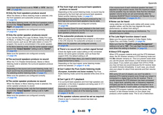 Appendix
En-83
■ Only the front speakers produce sound
■ Only the center speaker produces sound
■ The surround speakers produce no sound
■ The center speaker produces no sound
■ The front high and surround back speakers
produce no sound
■ The subwoofer produces no sound
■ There’s no sound with a certain signal format
■ Can’t select the Pure Audio listening mode
■ Can’t get 6.1/7.1 playback
■ The speaker volume cannot be set as required
■ Noise can be heard
■ The Late Night function doesn’t work
■ About DTS signals
If the input signal format is set to “PCM” or “DTS”. Set it to
“Off”. (➔ page 68)
When the Stereo or Mono listening mode is selected, only
the front speakers and subwoofer produce sound.
(➔ page 43)
In the Mono listening mode, only the front speakers output
sound if the “Output Speaker” setting is set to “Left /
Right”. (➔ page 62)
Make sure the speakers are configured correctly.
(➔ page 59)
If you use the Dolby Pro Logic IIx Movie, Dolby Pro Logic
IIx Music, or Dolby Pro Logic IIx Game listening mode with
a mono source, such as an AM radio station or mono TV
program, the sound is concentrated in the center speaker.
In the Mono listening mode, only the center speaker output
sound if the “Output Speaker” setting is set to “Center”.
(➔ page 62)
Make sure the speakers are configured correctly.
(➔ page 59)
When the T-D (Theater-Dimensional), Stereo or Mono
listening mode is selected, the surround speakers produce
no sound.
Depending on the source and current listening mode, not
much sound may be produced by the surround speakers.
Try selecting another listening mode. (➔ page 41)
Make sure the speakers are configured correctly.
(➔ page 59)
When the Stereo or Mono listening mode is selected, the
center speaker produces no sound.
In the Mono listening mode, only the front speakers output
sound if the “Output Speaker” setting is set to “Left /
Right”. (➔ page 62)
Make sure the speakers are configured correctly.
(➔ page 59)
Depending on the current listening mode, no sound may be
produced by the front high and surround back speakers.
Select another listening mode. (➔ page 41)
Depending on the sources, the sound produced by the
front high and surround back speakers may be weak.
Make sure the speakers are configured correctly.
(➔ page 59)
When Powered Zone 2 is used, playback in the main room
is reduced to 5.1channels and the front high and surround
back speakers produce no sound.
When you play source material that contains no information
in the LFE channel, the subwoofer produces no sound.
Make sure the speakers are configured correctly.
(➔ page 59)
Check the digital audio output setting on the connected
device. On some game consoles, such as those that
support DVD, the default setting is off.
With some DVD-Video discs, you need to select an audio
output format from a menu.
Depending on the input signal, some listening modes
cannot be selected. (➔ pages 41 to 48)
(European, Australian and Asian models) The Pure
Audio listening mode cannot be selected while Zone 2/3 is
on.
If no surround back speakers and front high speakers are
connected, or the Zone 2 speakers are being used, 6.1/7.1
playback is not possible.
Depending on the number of connected speakers, it is not
always possible to select all of the listening modes.
(➔ pages 41 to 48)
Check to see if a maximum volume has been set.
(➔ page 69)
If the volume level of each individual speaker has been
adjusted to high positive values, then the maximum master
volume possible may be reduced. Note that the individual
speaker volume levels are set automatically after the
Audyssey MultEQ® Room Correction and Speaker Setup
has been performed. (➔ pages 24, 61)
Using cable ties to bundle audio cables with power cords,
speaker cables, and the like may degrade the audio
performance, so refrain from doing it.
An audio cable may be picking up interference. Try
repositioning your cables.
Make sure the source material is Dolby Digital, Dolby
Digital Plus, and Dolby TrueHD. (➔ page 54)
Make sure that the “TrueHD Loudness Management”
setting is not set to “Off”. The Late Night function doesn’t
work when this setting is disabled. (➔ page 63)
When DTS program material ends and the DTS bitstream
stops, the AV receiver remains in DTS listening mode and
the dts indicator remains on. This is to prevent noise when
you use the pause, fast forward, or fast reverse function on
your player. If you switch your player from DTS to PCM,
you may not hear any sound because the AV receiver does
not switch formats immediately. In such case, you should
stop your player for about three seconds and then resume
playback.
With some CD and LD players, you won’t be able to
playback DTS material properly even though your player is
connected to a digital input on the AV receiver. This is
usually because the DTS bitstream has been processed
(e.g., output level, sampling rate, or frequency response
changed) and the AV receiver doesn’t recognize it as a
genuine DTS signal. In such cases, you may hear noise.
Playing DTS program material, using the pause, fast
forward, or fast reverse function on your player may
produce a short audible noise. This is not a malfunction.
 