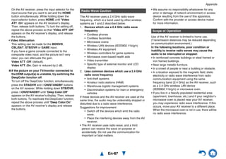 Appendix
En-87
On the AV receiver, press the input selector for the
input source that you want to set and the HOME
button simultaneously. While holding down the
input selector button, press HOME until “Video
ATT :On” appears on the AV receiver’s display.
Then, release both buttons. To turn the setting off,
repeat the above process so that “Video ATT :Off”
appears on the AV receiver’s display, and release
the buttons.
• Video Attenuation
This setting can be made for the BD/DVD,
CBL/SAT, STB/DVR or GAME input.
If you have a game console connected to the
composite video input, and the picture isn’t very
clear, you can attenuate the gain.
Video ATT :Off: (default).
Video ATT :On: Gain is reduced by 2 dB.
■ If the picture on your TV/monitor connected to
the HDMI output(s) is unstable, try switching the
DeepColor function off
To turn off the DeepColor function, simultaneously
press the STB/DVR and 8ON/STANDBY buttons
on the AV receiver. While holding down STB/DVR,
press 8ON/STANDBY until “Deep Color:Off”
appears on the AV receiver’s display. Then, release
both buttons. To reactivate the DeepColor function,
repeat the above process until “Deep Color:On”
appears on the AV receiver’s display and release
the buttons.
The AV receiver uses a 2.4 GHz radio wave
frequency, which is a band used by other wireless
systems as 1 and 2 described below.
1. Devices which use a 2.4 GHz radio wave
frequency
• Cordless phones
• Cordless facsimiles
• Microwave ovens
• Wireless LAN devices (IEEE802.11b/g/n)
• Wireless AV equipment
• Wireless controllers for game systems
• Microwave oven-based health aids
• Video transmitter
• Specific type of external monitor and LCD
display
2. Less common devices which use a 2.4 GHz
radio wave frequency
• Anti-theft systems
• Amateur radio stations (HAM)
• Warehouse logistic management systems
• Discrimination systems for train or emergency
vehicles
If these devices and the AV receiver are used at the
same time, the audio may be undesirably stopped or
disturbed due to a radio wave interference.
Suggestions for improvement
• Switch off the devices which emit the radio
wave.
• Place the interfering devices away from the AV
receiver.
• The AV receiver uses radio wave, and a third
person can receive the wave on purpose or
accidentally. Do not use the communication for
important or fatal matters.
• We assume no responsibility whatsoever for any
error or damage of network environment or access
device resulting from the use of this apparatus.
Confirm with the provider or access device maker
for more information.
Use of the AV receiver is limited to home use.
(Transmission distances may be reduced depending
on communication environment.)
In the following locations, poor condition or
inability to receive radio waves may cause the
audio to be interrupted or stopped:
• In reinforced concrete buildings or steel framed or
iron framed buildings.
• Near large metallic furniture.
• In a crowd of people or near a building or obstacle.
• In a location exposed to the magnetic field, static
electricity or radio wave interference from radio
communication equipment using the same
frequency band (2.4 GHz) as the AV receiver, such
as a 2.4 GHz wireless LAN device
(IEEE802.11b/g/n) or microwave oven.
• If you live in a heavily populated residential area
(apartment, townhouse, etc.) and if your neighbor’s
microwave oven is placed near your AV receiver,
you may experience radio wave interference. If this
occurs, move your AV receiver to a different place.
When the microwave oven is not in use, there will be
no radio wave interference.
Radio Wave Caution
Scope of Operation
 