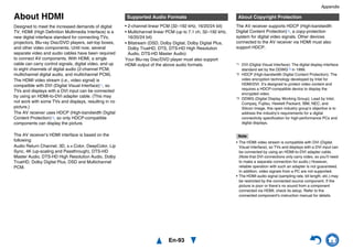 Appendix
En-93
About HDMI
Designed to meet the increased demands of digital
TV, HDMI (High Definition Multimedia Interface) is a
new digital interface standard for connecting TVs,
projectors, Blu-ray Disc/DVD players, set-top boxes,
and other video components. Until now, several
separate video and audio cables have been required
to connect AV components. With HDMI, a single
cable can carry control signals, digital video, and up
to eight channels of digital audio (2-channel PCM,
multichannel digital audio, and multichannel PCM).
The HDMI video stream (i.e., video signal) is
compatible with DVI (Digital Visual Interface)*1, so
TVs and displays with a DVI input can be connected
by using an HDMI-to-DVI adapter cable. (This may
not work with some TVs and displays, resulting in no
picture.)
The AV receiver uses HDCP (High-bandwidth Digital
Content Protection)*2, so only HDCP-compatible
components can display the picture.
The AV receiver’s HDMI interface is based on the
following:
Audio Return Channel, 3D, x.v.Color, DeepColor, Lip
Sync, 4K (up-scaling and Passthrough), DTS-HD
Master Audio, DTS-HD High Resolution Audio, Dolby
TrueHD, Dolby Digital Plus, DSD and Multichannel
PCM.
• 2-channel linear PCM (32–192 kHz, 16/20/24 bit)
• Multichannel linear PCM (up to 7.1 ch, 32–192 kHz,
16/20/24 bit)
• Bitstream (DSD, Dolby Digital, Dolby Digital Plus,
Dolby TrueHD, DTS, DTS-HD High Resolution
Audio, DTS-HD Master Audio)
Your Blu-ray Disc/DVD player must also support
HDMI output of the above audio formats.
The AV receiver supports HDCP (High-bandwidth
Digital Content Protection)*2, a copy-protection
system for digital video signals. Other devices
connected to the AV receiver via HDMI must also
support HDCP.
*1 DVI (Digital Visual Interface): The digital display interface
standard set by the DDWG*3 in 1999.
*2 HDCP (High-bandwidth Digital Content Protection): The
video encryption technology developed by Intel for
HDMI/DVI. It’s designed to protect video content and
requires a HDCP-compatible device to display the
encrypted video.
*3 DDWG (Digital Display Working Group): Lead by Intel,
Compaq, Fujitsu, Hewlett Packard, IBM, NEC, and
Silicon Image, this open industry group’s objective is to
address the industry’s requirements for a digital
connectivity specification for high-performance PCs and
digital displays.
Note
• The HDMI video stream is compatible with DVI (Digital
Visual Interface), so TVs and displays with a DVI input can
be connected by using an HDMI-to-DVI adapter cable.
(Note that DVI connections only carry video, so you’ll need
to make a separate connection for audio.) However,
reliable operation with such an adapter is not guaranteed.
In addition, video signals from a PC are not supported.
• The HDMI audio signal (sampling rate, bit length, etc.) may
be restricted by the connected source component. If the
picture is poor or there’s no sound from a component
connected via HDMI, check its setup. Refer to the
connected component’s instruction manual for details.
Supported Audio Formats About Copyright Protection
 