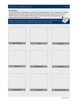17 / 942. Planos Eléctricos: Simbología e Identificación
TX-GCP-0011
Una vez detectadas las causas que originaron la falla, debemos corregirlas de inmediato, para que el nuevo
freno o embrague instalado cumpla con las expectativas de vida esperada. Por último, es recomendable que la
reparación de estos equipos se lleve a cabo en taller intercambiando piezas dañadas por nuevas. Estos
equipos deben probarse en vacío y con carga antes de entregarse al departamento de producción. Debido al
alto riesgo que se tiene en la operación de los frenos, la prueba de estos equipos debe de ser muy exhaustiva.
ACTIVIDAD 3.
En esta actividad se trabajarán los símbolos de Transformadores, Tierra, Capacitores, Fusibles,
Resistencias, Conectores, Amperímetros, Voltímetros de corriente continua y de Corriente
Alterna. Cada uno de los bloques menciona uno de los elementos ya estudiados que se
encuentran frecuentemente en un plano eléctrico.
Dibuje el símbolo eléctrico correspondiente de acuerdo al rótulo debajo. Elija una
norma y si hubiera más de un elemento relacionado, indique cuál es.
Transformador Tierra Capacitor
Fusible Resistencia Conductor
Amperímetro Voltímetro Corriente Alterna
 