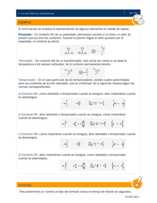 54 / 945. Circuitos Eléctricos: Características
TX-GCP-0011
EJEMPLO
A continuación se muestra la representación de algunos elementos en estado de reposo.
Presostato - Un contacto NC de un presostato, permanece cerrado si no tiene un valor de
presión que accione los contactos. Cuando la presión llegue al valor ajustado por el
presostato, el contacto se abrirá.
Termostato - Un contacto NA de un transformador, solo actúa (se cierra) si se eleva la
temperatura a los valores calibrados, de lo contrario permanecerá abierto.
Temporizador - En el caso particular de los temporizadores, existen cuatro posibilidades
para sus contactos de acción retardada, que se simbolizan de la siguiente manera según las
normas correspondientes:
a) Contacto NA: cierra retardado o temporizado cuando se energiza, abre instantáneo cuando
se desenergiza.
b) Contacto NC: abre retardado o temporizado cuando se energiza, cierra instantáneo
cuando se desenergiza.
c) Contacto NA: cierra instantáneo cuando se energiza, abre retardado o temporizado cuando
se desenergiza.
d) Contacto NC: abre instantáneo cuando se energiza, cierra retardado o temporizado
cuando se desenergiza.
ATENCIÓN
Frecuentemente un número al lado del símbolo indica el tiempo de retardo en segundos.
 