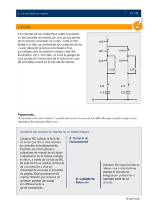 65 / 946. Circuitos Eléctricos: Análisis
TX-GCP-0011
ATENCIÓN
Las bobinas de los contactores están dispuestas
en los circuitos de mando con uno de sus bornes
directamente conectado al neutro. Entre el otro
borne y la fase, se conectaron los contactos de los
cuales depende la bobina (enclavamientos,
pulsadores para la conexión contacto del relé
bimetálico, etc.). Con esto, se evita el peligro de
una excitación involuntaria de la bobina en caso
de una falla a tierra en el circuito de mando.
Resumiendo…
De acuerdo a lo visto existen 2 tipos de contactos claramente identificados que cumplen importante
función en los circuitos eléctricos.
Contactos del Inversor de marcha de un motor trifásico
Contacto NC cumple la función
de evitar que dos o más bobinas
se conecten simultáneamente.
También los interruptores y
pulsadores de mando se enclavan
mutuamente de la misma manera,
es decir, a través de contactos NC.
De esta forma es posible conmutar
de una posición a otra sin
necesidad de accionar el pulsador
de parada. Este enclavamiento
impide también que órdenes de
conexión puedan ser dadas
simultáneamente a
varios contactores.
A. Contacto de
Enclavamiento
B. Contacto de
Retención
Contacto NA cuya función es
retener una o más bobinas
cuando el circuito se
energiza por pulsadores o
habilitan parte de un
circuito.
 