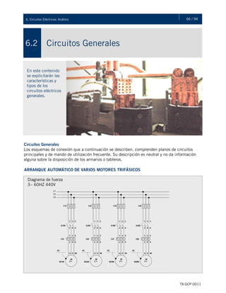 66 / 946. Circuitos Eléctricos: Análisis
TX-GCP-0011
Circuitos Generales6.2
En este contenido
se explicitarán las
características y
tipos de los
circuitos eléctricos
generales.
Circuitos Generales
Los esquemas de conexión que a continuación se describen, comprenden planos de circuitos
principales y de mando de utilización frecuente. Su descripción es neutral y no da información
alguna sobre la disposición de los armarios o tableros.
ARRANQUE AUTOMÁTICO DE VARIOS MOTORES TRIFÁSICOS
Diagrama de fuerza
3~ 60HZ 440V
 