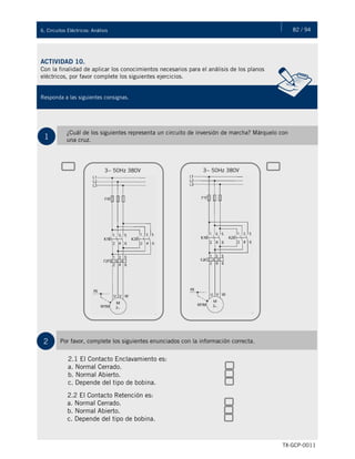 82 / 946. Circuitos Eléctricos: Análisis
TX-GCP-0011
Una vez detectadas las causas que originaron la falla, debemos corregirlas de inmediato, para que el nuevo
freno o embrague instalado cumpla con las expectativas de vida esperada. Por último, es recomendable que la
reparación de estos equipos se lleve a cabo en taller intercambiando piezas dañadas por nuevas. Estos
equipos deben probarse en vacío y con carga antes de entregarse al departamento de producción. Debido al
alto riesgo que se tiene en la operación de los frenos, la prueba de estos equipos debe de ser muy exhaustiva.
ACTIVIDAD 10.
Con la finalidad de aplicar los conocimientos necesarios para el análisis de los planos
eléctricos, por favor complete los siguientes ejercicios.
Responda a las siguientes consignas.
1
¿Cuál de los siguientes representa un circuito de inversión de marcha? Márquelo con
una cruz.
3~ 50Hz 380V 3~ 50Hz 380V
Por favor, complete los siguientes enunciados con la información correcta.
2.1 El Contacto Enclavamiento es:
a. Normal Cerrado.
b. Normal Abierto.
c. Depende del tipo de bobina.
2.2 El Contacto Retención es:
a. Normal Cerrado.
b. Normal Abierto.
c. Depende del tipo de bobina.
2
 
