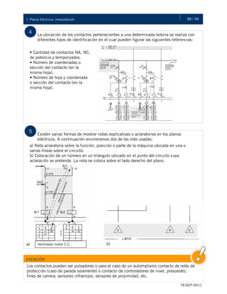 88 / 947. Planos Eléctricos: Interpretación
TX-GCP-0011
Interpretación de Planos Eléctricos
La ubicación de los contactos pertenecientes a una determinada bobina se realiza con
diferentes tipos de identificación en el cual pueden figurar las siguientes referencias:
4
• Cantidad de contactos NA, NC,
de potencia y temporizados.
• Número de coordenadas o
sección del contacto (en la
misma hoja).
• Número de hoja y coordenada
o sección del contacto (en la
misma hoja).
Existen varias formas de mostrar notas explicativas o aclaratorias en los planos
eléctricos. A continuación enumeramos dos de las más usadas:
5
a) Nota aclaratoria sobre la función, posición o parte de la máquina ubicada en una o
varias líneas sobre el circuito.
b) Colocación de un número en un triángulo ubicado en el punto del circuito cuya
aclaración se pretende. La nota se coloca sobre el lado derecho del plano.
6b2
Ventilador motor C.C. b)
ATENCIÓN
Los contactos pueden ser pulsadores o para el caso de un automatismo contacto de relés de
protección (caso de parada solamente) o contacto de controladores de nivel, presostato,
fines de carrera, sensores infrarrojos, sensores de proximidad, etc.
a)
 