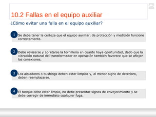Transformadores
Ternium | Capacitación
110
10.2 Fallas en el equipo auxiliar
¿Cómo evitar una falla en el equipo auxiliar?
Se debe tener la certeza que el equipo auxiliar, de protección y medición funcione
correctamente.
1
Debe revisarse y apretarse la tornillería en cuanto haya oportunidad, dado que la
vibración natural del transformador en operación también favorece que se aflojen
las conexiones.
2
Los aisladores o bushings deben estar limpios y, al menor signo de deterioro,
deben reemplazarse.
3
El tanque debe estar limpio, no debe presentar signos de envejecimiento y se
debe corregir de inmediato cualquier fuga.
4
 