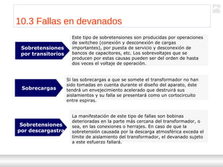 Transformadores
Ternium | Capacitación
114
Este tipo de sobretensiones son producidas por operaciones
de switcheo (conexión y desconexión de cargas
importantes), por puesta de servicio y desconexión de
bancos de capacitores, etc. Los sobrevoltajes que se
producen por estas causas pueden ser del orden de hasta
dos veces el voltaje de operación.
Sobretensiones
por transitorios
Si las sobrecargas a que se somete el transformador no han
sido tomadas en cuenta durante el diseño del aparato, éste
tendrá un envejecimiento acelerado que destruirá sus
aislamientos y su falla se presentará como un cortocircuito
entre espiras.
Sobrecargas
La manifestación de este tipo de fallas son bobinas
deterioradas en la parte más cercana del transformador, o
sea, en las conexiones o herrajes. En caso de que la
sobretensión causada por la descarga atmosférica exceda el
límite de aislamiento del transformador, el devanado sujeto
a este esfuerzo fallará.
Sobretensiones
por descargastra
10.3 Fallas en devanados
 