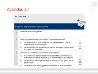 Transformadores
Ternium | Capacitación
122
Actividad 17
ACTIVIDAD 17
Responda a las siguientes interrogantes
1 ¿Qué es la cromatografía?
2 ¿Qué requiere la detección de una condición anormal?
A) Un análisis de la concentración del gas generado y de la
tendencia de su producción.
B) La producción de una señal de alarma o disparo debido a la
acumulación de gases.
3 ¿Cuál es la utilidad de las técnicas diagnóstico?
A) El incremento de la confiabilidad del sistema a través de la
reducción del índice de fallas y el incremento de su vida útil.
B) La reducción de los problemas causados por los gases en la
producción.
C) La disminución de los gases disueltos en el aceite aislante.
 