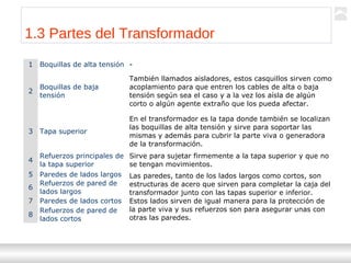 Transformadores
Ternium | Capacitación
13
1 Boquillas de alta tensión -
2
Boquillas de baja
tensión
También llamados aisladores, estos casquillos sirven como
acoplamiento para que entren los cables de alta o baja
tensión según sea el caso y a la vez los aísla de algún
corto o algún agente extraño que los pueda afectar.
3 Tapa superior
En el transformador es la tapa donde también se localizan
las boquillas de alta tensión y sirve para soportar las
mismas y además para cubrir la parte viva o generadora
de la transformación.
4
Refuerzos principales de
la tapa superior
Sirve para sujetar firmemente a la tapa superior y que no
se tengan movimientos.
5 Paredes de lados largos Las paredes, tanto de los lados largos como cortos, son
estructuras de acero que sirven para completar la caja del
transformador junto con las tapas superior e inferior.
Estos lados sirven de igual manera para la protección de
la parte viva y sus refuerzos son para asegurar unas con
otras las paredes.
6
Refuerzos de pared de
lados largos
7 Paredes de lados cortos
8
Refuerzos de pared de
lados cortos
1.3 Partes del Transformador
 
