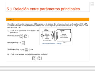Transformadores
Ternium | Capacitación
53
Considere un transformador con 500 espiras en la bobina del primario, donde se le aplican 110 VCA.
Se tiene también un devanado secundario con 1000 espiras que al conectarse a la carga, circula una
corriente de 1 A.
A) ¿Cuál es la corriente en la bobina del
primario?
De la ecuación:
Despejando:
Sustituyendo:
B) ¿Cuál es el voltaje en la bobina del secundario?
EJEMPLO
Cálculo de corriente y voltaje
Bobina
Primaria
500
vueltas
Bobina
Secundaria
1000 vueltas
Ip = ?
1 A
Vp = 110 VCA 1:2
Vs = ?






=





Ns
Np
Ip
Is






=
Np
Ns
IsIp
A2
500
1000
)A1(Ip =





=






=





Ns
Np
Vs
Vp
5.1 Relación entre parámetros principales
 