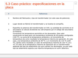 Transformadores
Ternium | Capacitación
59
# Referencia
1 Nombre del fabricante y tipo de transformador (en este caso de potencia).
2 Lugar donde se fabricó el transformador y se localiza la compañía.
3
Especifica la potencia del transformador en kVA. La cantidad de corriente en el
secundario se calcula dividiendo los volt-amperes por el voltaje del secundario
Is=KVA/Vs.
4
Incremento de temperatura permitido en los devanados. Este valor
usualmente se basa para una temperatura ambiente de 40 grados centígrados
(104 °F). La suma de la temperatura ambiente y el incremento de
temperatura da como resultado la temperatura máxima de operación. En este
caso, una temperatura ambiente de 40 °C y un incremento de 115 °C (239
°F), dando como resultado un valor de temperatura máxima de 155 °C (311
°F). El valor de la temperatura máxima de operación de un transformador
depende del tipo de aislamiento con que cuenten los devanados, ya que cada
tipo de aislamiento soporta una máxima temperatura sin sufrir deterioro.
5.3 Caso práctico: especificaciones en la
placa
 