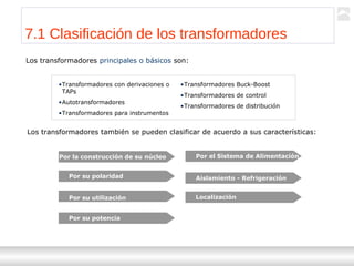 Transformadores
Ternium | Capacitación
75
7.1 Clasificación de los transformadores
Los transformadores principales o básicos son:
•Transformadores con derivaciones o
TAPs
•Autotransformadores
•Transformadores para instrumentos
•Transformadores Buck-Boost
•Transformadores de control
•Transformadores de distribución
Los transformadores también se pueden clasificar de acuerdo a sus características:
Por la construcción de su núcleo
Por su polaridad
Por su utilización
Por su potencia
Aislamiento - Refrigeración
Por el Sistema de Alimentación
Localización
 