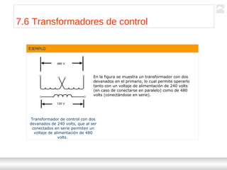 Transformadores
Ternium | Capacitación
85
7.6 Transformadores de control
EJEMPLO
En la figura se muestra un transformador con dos
devanados en el primario, lo cual permite operarlo
tanto con un voltaje de alimentación de 240 volts
(en caso de conectarse en paralelo) como de 480
volts (conectándose en serie).
Transformador de control con dos
devanados de 240 volts, que al ser
conectados en serie permiten un
voltaje de alimentación de 480
volts.
 