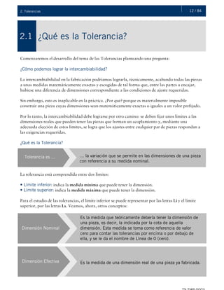12 / 842. Tolerancias
¿Qué es la Tolerancia?2.1
Comenzaremos el desarrollo del tema de las Tolerancias planteando una pregunta:
¿Cómo podemos lograr la intercambiabilidad?
La intercambiabilidad en la fabricación podríamos lograrla, técnicamente, acabando todas las piezas
a unas medidas matemáticamente exactas y escogidas de tal forma que, entre las partes a encajar,
hubiese una diferencia de dimensiones correspondiente a las condiciones de ajuste requeridas.
Sin embargo, esto es inaplicable en la práctica. ¿Por qué? porque es materialmente imposible
construir una pieza cuyas dimensiones sean matemáticamente exactas o iguales a un valor prefijado.
Por lo tanto, la intercambiabilidad debe lograrse por otro camino: se deben fijar unos límites a las
dimensiones reales que pueden tener las piezas que forman un acoplamiento y, mediante una
adecuada elección de estos límites, se logra que los ajustes entre cualquier par de piezas respondan a
las exigencias requeridas.
¿Qué es la Tolerancia?
La tolerancia está comprendida entre dos límites:
• Límite inferior: indica la medida mínima que puede tener la dimensión.
• Límite superior: indica la medida máxima que puede tener la dimensión.
Para el estudio de las tolerancias, el límite inferior se puede representar por las letras Li y el límite
superior, por las letras Ls. Veamos, ahora, otros conceptos:
Tolerancia es … … la variación que se permite en las dimensiones de una pieza
con referencia a su medida nominal.
Dimensión Nominal
Dimensión Efectiva
Es la medida que teóricamente debería tener la dimensión de
una pieza, es decir, la indicada por la cota de aquella
dimensión. Esta medida se toma como referencia de valor
cero para contar las tolerancias por encima o por debajo de
ella, y se le da el nombre de Línea de 0 (cero).
Es la medida de una dimensión real de una pieza ya fabricada.
 