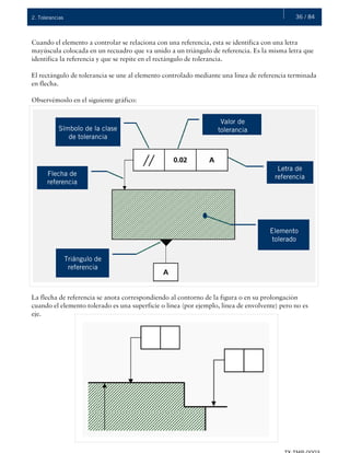 36 / 842. Tolerancias
Cuando el elemento a controlar se relaciona con una referencia, esta se identifica con una letra
mayúscula colocada en un recuadro que va unido a un triángulo de referencia. Es la misma letra que
identifica la referencia y que se repite en el rectángulo de tolerancia.
El rectángulo de tolerancia se une al elemento controlado mediante una línea de referencia terminada
en flecha.
Observémoslo en el siguiente gráfico:
La flecha de referencia se anota correspondiendo al contorno de la figura o en su prolongación
cuando el elemento tolerado es una superficie o línea (por ejemplo, línea de envolvente) pero no es
eje.
Símbolo de la clase
de tolerancia
Valor de
tolerancia
Letra de
referencia
Elemento
tolerado
Triángulo de
referencia
Flecha de
referencia
 