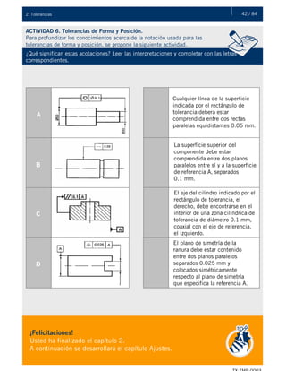 42 / 842. Tolerancias
ACTIVIDAD 6. Tolerancias de Forma y Posición.
Para profundizar los conocimientos acerca de la notación usada para las
tolerancias de forma y posición, se propone la siguiente actividad.
¿Qué significan estas acotaciones? Leer las interpretaciones y completar con las letras
correspondientes.
A
B
C
D
Cualquier línea de la superficie
indicada por el rectángulo de
tolerancia deberá estar
comprendida entre dos rectas
paralelas equidistantes 0.05 mm.
La superficie superior del
componente debe estar
comprendida entre dos planos
paralelos entre sí y a la superficie
de referencia A, separados
0.1 mm.
El eje del cilindro indicado por el
rectángulo de tolerancia, el
derecho, debe encontrarse en el
interior de una zona cilíndrica de
tolerancia de diámetro 0.1 mm,
coaxial con el eje de referencia,
el izquierdo.
El plano de simetría de la
ranura debe estar contenido
entre dos planos paralelos
separados 0.025 mm y
colocados simétricamente
respecto al plano de simetría
que especifica la referencia A.
¡Felicitaciones!
Usted ha finalizado el capítulo 2.
A continuación se desarrollará el capítulo Ajustes.
 