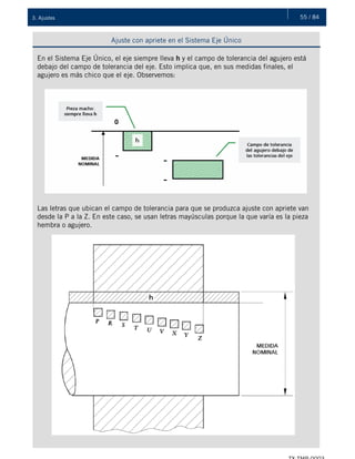 55 / 843. Ajustes
Ajuste con apriete en el Sistema Eje Único
En el Sistema Eje Único, el eje siempre lleva h y el campo de tolerancia del agujero está
debajo del campo de tolerancia del eje. Esto implica que, en sus medidas finales, el
agujero es más chico que el eje. Observemos:
Las letras que ubican el campo de tolerancia para que se produzca ajuste con apriete van
desde la P a la Z. En este caso, se usan letras mayúsculas porque la que varía es la pieza
hembra o agujero.
 