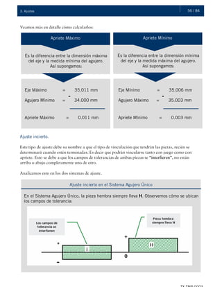 56 / 843. Ajustes
Veamos más en detalle cómo calcularlos:
Ajuste incierto.
Este tipo de ajuste debe su nombre a que el tipo de vinculación que tendrán las piezas, recién se
determinará cuando estén terminadas. Es decir que podrán vincularse tanto con juego como con
apriete. Esto se debe a que los campos de tolerancias de ambas piezas se “interfieren”, no están
arriba o abajo completamente uno de otro.
Analicemos esto en los dos sistemas de ajuste.
Apriete Máximo
Es la diferencia entre la dimensión máxima
del eje y la medida mínima del agujero.
Así supongamos:
Eje Máximo = 35.011 mm
Apriete Mínimo
Es la diferencia entre la dimensión mínima
del eje y la medida máxima del agujero.
Así supongamos:
Agujero Mínimo = 34.000 mm
-
Apriete Máximo = 0.011 mm
Eje Mínimo = 35.006 mm
Agujero Máximo = 35.003 mm
-
Apriete Mínimo = 0.003 mm
Ajuste incierto en el Sistema Agujero Único
En el Sistema Agujero Único, la pieza hembra siempre lleva H. Observemos cómo se ubican
los campos de tolerancia:
 