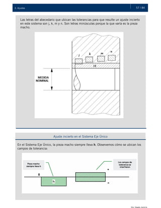 57 / 843. Ajustes
Las letras del abecedario que ubican las tolerancias para que resulte un ajuste incierto
en este sistema son j, k, m y n. Son letras minúsculas porque la que varía es la pieza
macho.
Ajuste incierto en el Sistema Eje Único
En el Sistema Eje Único, la pieza macho siempre lleva h. Observemos cómo se ubican los
campos de tolerancia:
 