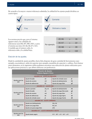 61 / 843. Ajustes
De acuerdo a la mayor o menor tolerancia admitida, la calidad de los ajustes puede dividirse en
cuatro tipos:
Las normas prevén que, para el sistema
agujero único, las calidades de
tolerancias sean H6, H7, H8 y H11, y para
el sistema eje único h5, h6, h8, h7 y h11.
A medida que el número sube, la
tolerancia sube y la calidad baja.
Elección de los ajustes.
Dada la cantidad de ajustes posibles, haría falta disponer de gran cantidad de herramientas (por
ejemplo, escariadores), útiles de sujeción (por ejemplo, mandriles de sujeción) y calibres. Para limitar
estos elementos, en la siguientes tablas podemos encontrar una selección de ajustes suficientes para
las aplicaciones prácticas y que deben utilizarse con preferencia.
De precisión Corriente
Fina Ordinaria o basta
Por ejemplo:
45 H6 = 16
45 H7 = 22
45 H8 = 39
45 H11 = 160
 