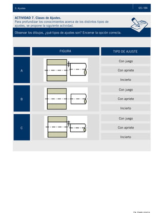 65 / 843. Ajustes
ACTIVIDAD 7. Clases de Ajustes.
Para profundizar los conocimientos acerca de los distintos tipos de
ajustes, se propone la siguiente actividad.
Observar los dibujos, ¿qué tipos de ajustes son? Encerrar la opción correcta.
A
TIPO DE AJUSTE
Con juego
FIGURA
Con apriete
Incierto
B
Con juego
Con apriete
Incierto
C
Con juego
Con apriete
Incierto
 
