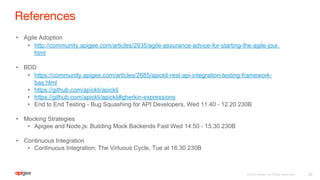 • Agile Adoption
• http://community.apigee.com/articles/2935/agile-assurance-advice-for-starting-the-agile-jour.
html
• BDD
• https://community.apigee.com/articles/2685/apickli-rest-api-integration-testing-framework-
bas.html
• https://github.com/apickli/apickli
• https://github.com/apickli/apickli#gherkin-expressions
• End to End Testing - Bug Squashing for API Developers, Wed 11.40 - 12.20 230B
• Mocking Strategies
• Apigee and Node.js: Building Mock Backends Fast Wed 14.50 - 15.30 230B
• Continuous Integration
• Continuous Integration: The Virtuous Cycle, Tue at 16.30 230B
 
