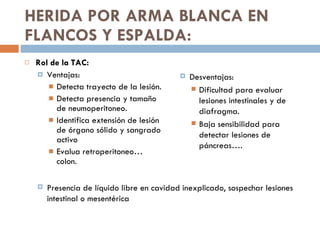 HERIDA POR ARMA BLANCA EN FLANCOS Y ESPALDA: <ul><li>Rol de la TAC: </li></ul><ul><ul><li>Ventajas: </li></ul></ul><ul><ul...