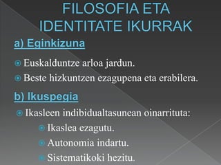 FILOSOFIA ETA IDENTITATE IKURRAKa) EginkizunaEuskalduntze arloa jardun.Beste hizkuntzen ezagupena eta erabilera.b) IkuspegiaIkasleen indibidualtasunean oinarrituta: