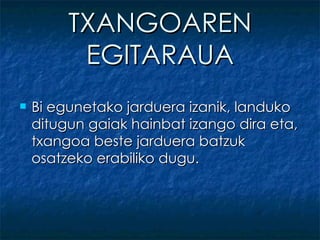 TXANGOAREN EGITARAUA Bi egunetako jarduera izanik, landuko ditugun gaiak hainbat izango dira eta, txangoa beste jarduera batzuk osatzeko erabiliko dugu. 