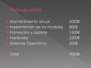  Mantenimiento anual           2000€
 Implantacion de los modulos   800€
 Formacion y soporte           1500€
 Hardware                      2200€
 Sistemas Operativos           500€

   Total                       7000€
 
