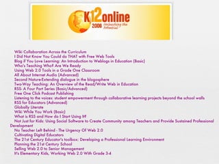 Wiki Collaboration Across the Curriculum I Did Not Know You Could do THAT with Free Web Tools Blog if You Love Learning: An Introduction to Weblogs in Education (Basic) Who's Teaching Who? Are We Ready Using Web 2.0 Tools in a Grade One Classroom All About Internet Audio (Advanced) Second Nature-Extending dialogue in the blogosphere Two-Way Teaching: An Overview of the Read/Write Web in Education RSS- A Four Part Series (Basic/Advanced) Free One Click Podcast Publishing Listening to the voices: student empowerment through collaborative learning projects beyond the school walls RSS for Educators (Advanced) Globally Literate Wiki While You Work (Basic) What is RSS and How do I Start Using It? Not Just for Kids: Using Social Software to Create Community among Teachers and Provide Sustained Professional Development No Teacher Left Behind - The Urgency Of Web 2.0 Cultivating Digital Educators The 21st Century Educator's toolbox: Developing a Professional Learning Environment Planning the 21st Century School Selling Web 2.0 to Senior Management It's Elementary Kids, Working Web 2.0 With Grade 3-4 