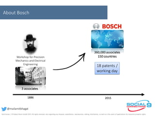 Amit Kumar | © Robert Bosch GmbH 2015. All rights reserved, also regarding any disposal, exploitation, reproduction, editing, distribution, as well as in the event of applications for industrial property rights.
About Bosch
Workshop for Precision
Mechanics and Electrical
Engineering
1886 2015
3 associates
18 patents /
working day
@mailamitbhagat
360,000 associates
150 countries
 