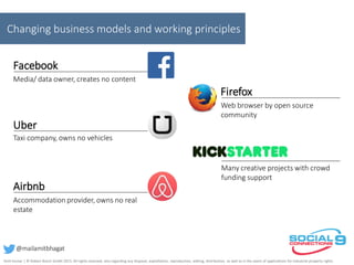 Changing business models and working principles
Facebook
Media/ data owner, creates no content
Taxi company, owns no vehicles
Uber
Airbnb
Accommodation provider, owns no real
estate
Firefox
Web browser by open source
community
Many creative projects with crowd
funding support
Amit Kumar | © Robert Bosch GmbH 2015. All rights reserved, also regarding any disposal, exploitation, reproduction, editing, distribution, as well as in the event of applications for industrial property rights.
@mailamitbhagat
 