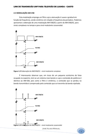 LINK DE TRANSMISSÃO UHF PARA TELEVISÃO DE LUANDA - CAXITO


2.5 MODULAÇÃO AM-VSB

        Esta modulação emprega um filtro cujo a atenuação é suave e gradual em
função da frequência, sendo simétrico em relação à frequência da portadora. Podemos
apresentar a obtenção de uma modulação AM-VSB/SC a partir do AM-DSB/SC, para
sinais complexos no tempo e para sinal modulante cossenoidal.

  et


                            AM-VSB/SC

                             W
             WO
   AV

                            FILTRO

                             W
             WO
  e


                             AM-VSB/SC

                             W
             WO

Figura 1.2 Elaboração do AM/VSB/SC – sinal modulante complexo

       É interessante observar que, em troca de um pequeno acréscimo de faixa
ocupada no espectro, tem-se um sistema mais barato e cujo o conteúdo de potência é
identico ao AM-SSB, pois como o filtro é simétrico, o conteúdo que se perdeu na
banda transmitida é compensado pelo conteúdo que se transmite da banda rejeitada.

  et


                            AM-VSB/SC

                             W
             WO
   AV

                            FILTRO

                             W
             WO
  e


                             AM-VSB/SC

                             W
Figura 1.3 Elaboração do AM/VSB/SC – sinal modulante cossenoidal
              WO
                                     José Alves Manuel
                                                                                  1
 