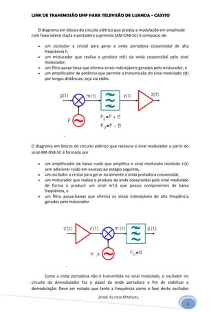 LINK DE TRANSMISSÃO UHF PARA TELEVISÃO DE LUANDA - CAXITO


   O diagrama em blocos do circuito elétrico que produz a modulação em amplitude
com faixa lateral dupla e portadora suprimida (AM-DSB-SC) é composto de:

   •   um oscilador a cristal para gerar a onda portadora cossenoidal de alta
       freqüência F,
   •   um misturador que realiza o produto m(t) da onda cossenoidal pelo sinal
       modulador,
   •   um filtro passa-faixa que elimina sinais indesejáveis gerados pelo misturador, e
   •   um amplificador de potência que permite a transmissão do sinal modulado z(t)
       por longas distâncias, seja via rádio.




O diagrama em blocos do circuito elétrico que restaura o sinal modulador a partir do
sinal AM-DSB-SC é formado por

   •   um amplificador de baixo ruído que amplifica o sinal modulado recebido z'(t)
       sem adicionar ruído em excesso ao estágio seguinte,
   •   um oscilador a cristal para gerar localmente a onda portadora cossenoidal,
   •   um misturador que realiza o produto da onda cossenoidal pelo sinal modulado
       de forma a produzir um sinal m'(t) que possui componentes de baixa
       freqüência, e
   •   um filtro passa-baixas que elimina os sinais indesejáveis de alta freqüência
       gerados pelo misturador




        Como a onda portadora não é transmitida no sinal modulado, o oscilador no
circuito do demodulador faz o papel da onda portadora a fim de viabilizar a
demodulação. Deve ser notado que tanto a frequência como a fase deste oscilador
                                    José Alves Manuel
                                                                                      1
 