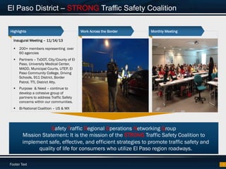 Footer Text
El Paso District – STRONG Traffic Safety Coalition
1
Safety Traffic Regional Operations Networking Group
Mission Statement: It is the mission of the STRONG Traffic Safety Coalition to
implement safe, effective, and efficient strategies to promote traffic safety and
quality of life for consumers who utilize El Paso region roadways.
Inaugural Meeting – 11/14/13
§  200+ members representing over
60 agencies
§  Partners – TxDOT, City/County of El
Paso, University Medical Center,
MADD, Municipal Courts, UTEP, El
Paso Community College, Driving
Schools, 911 District, Border
Patrol, TTI, District Atty.
§  Purpose & Need – continue to
develop a cohesive group of
partners to address Traffic Safety
concerns within our communities.
§  Bi-National Coalition – US & MX
Highlights Work Across the Border Monthly Meeting
 