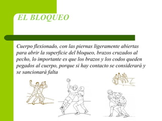 EL BLOQUEO
Cuerpo flexionado, con las piernas ligeramente abiertas
para abrir la superficie del bloqueo, brazos cruzados al
pecho, lo importante es que los brazos y los codos queden
pegados al cuerpo, porque si hay contacto se considerará y
se sancionará falta
 