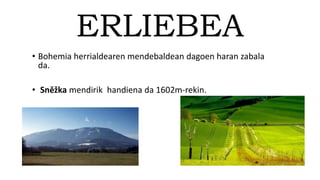 ERLIEBEA
• Bohemia herrialdearen mendebaldean dagoen haran zabala
da.
• Sněžka mendirik handiena da 1602m-rekin.
 