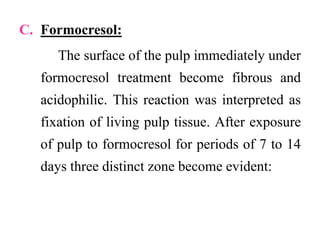 C. Formocresol:
The surface of the pulp immediately under
formocresol treatment become fibrous and
acidophilic. This reaction was interpreted as
fixation of living pulp tissue. After exposure
of pulp to formocresol for periods of 7 to 14
days three distinct zone become evident:
 