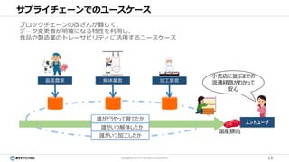13Copyright© 2017 NTT TechnoCross Corporation
サプライチェーンでのユースケース
畜産農家 解体業者 加工業者
エンドユーザ
小売店に並ぶまでの
流通経路がわかって
安心
誰がどうやって育てたか
誰がいつ解体したか
誰がいつ加工したか
国産豚肉
ブロックチェーンの改ざんが難しく、
データ変更者が明確になる特性を利用し、
食品や製造業のトレーサビリティに活用するユースケース
 