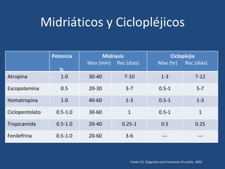 Midriáticos y Ciclopléjicos

                 Potencia         Midriasis                         Cicloplejia
                            Max (min) Rec (días)               Max (hr) Rec (días)
                    %
Atropina            1.0     30-40         7-10                   1-3                      7-12

Escopolamina        0.5     20-30         3-7                   0.5-1                      5-7

Homatropina         1.0     40-60         1-3                   0.5-1                      1-3

Ciclopentolato    0.5-1.0   30-60          1                    0.5-1                       1

Tropicamida       0.5-1.0   20-40        0.25-1                  0.5                      0.25

Fenilefrina       0.5-1.0   20-60         3-6                     ---                      ---



                                            Foster CS: Diagnosis and treatment of uveitis. 2002
 