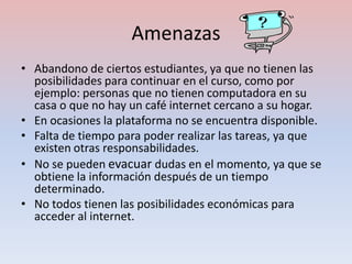 AmenazasAbandono de ciertos estudiantes, ya que no tienen las posibilidades para continuar en el curso, como por ejemplo: personas que no tienen computadora en su casa o que no hay un café internet cercano a su hogar.En ocasiones la plataforma no se encuentra disponible.Falta de tiempo para poder realizar las tareas, ya que existen otras responsabilidades.No se pueden evacuar dudas en el momento, ya que se obtiene la información después de un tiempo determinado.No todos tienen las posibilidades económicas para acceder al internet.