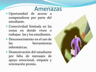 Amenazas Oportunidad de acceso a computadoras por parte del estudiante.Conectividad limitada en las zonas en donde viven o trabajan  las y los estudiantes.Desconocimiento en el uso de las herramientas informáticas.Desmotivación del estudiante por falta de mensajes de apoyo emocional, empatía y orientación pronta.