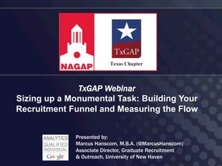 TxGAP Webinar
Sizing up a Monumental Task: Building Your
Recruitment Funnel and Measuring the Flow


             Presented by:
             Marcus Hanscom, M.B.A. (@MarcusHanscom)
             Associate Director, Graduate Recruitment
             & Outreach, University of New Haven
 