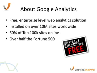 About Google Analytics
•   Free, enterprise level web analytics solution
•   Installed on over 10M sites worldwide
•   60% of Top 100k sites online
•   Over half the Fortune 500
 